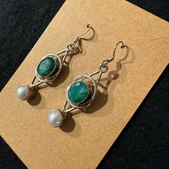 green Apatite and Pearl Earrings Sterling Silver 925 Vintage Style New - Picture 3 of 5